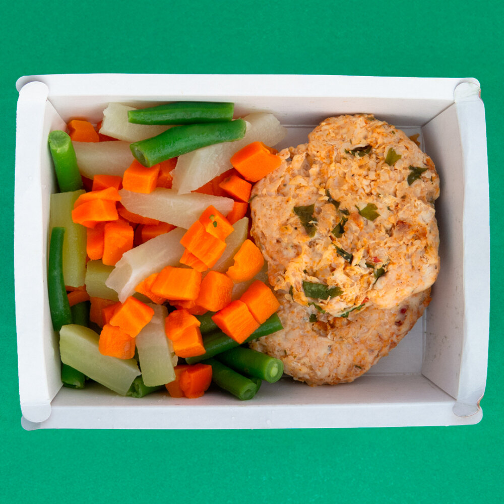 Refeição Low Carb - Opção 2 - HAMBÚRGUER ARTESANAL DE FRANGO AO MOLHO BBQ E LEGUMES