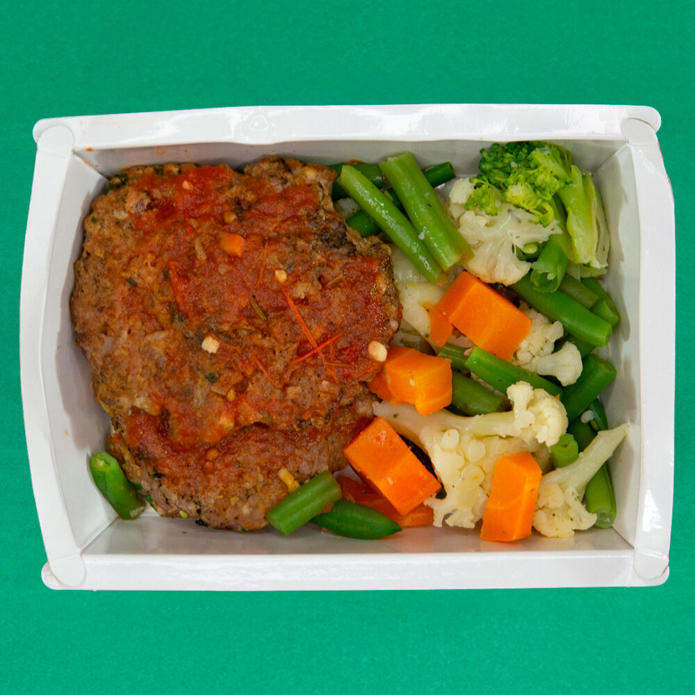 Refeição Low Carb - Opção 3 - HAMBÚRGUER CARNE BOVINA AO MOLHO DE TOMATE ARTESANAL PICANTE E LEGUMES.