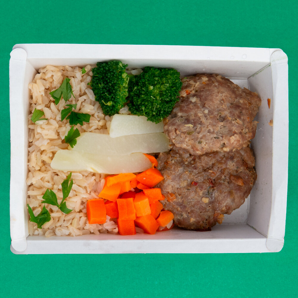 Refeição Padrão - Opção 6 - ARROZ INTEGRAL TEMPERADO COM GRÃO DE BICO, HAMBÚRGUER ARTESANAL BOVINO