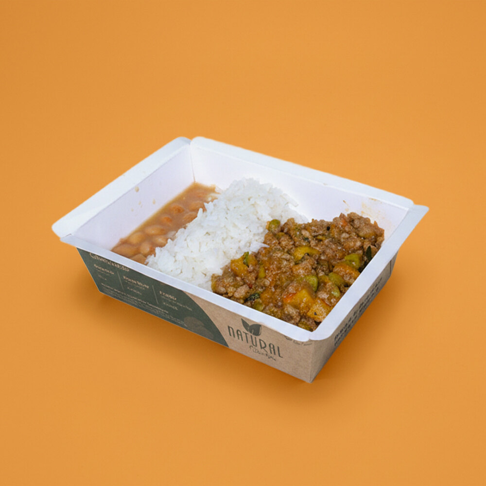 Refeição Tradicionais - Opção 3 - Arroz branco, feijão, carne moída com abóbora cabotia